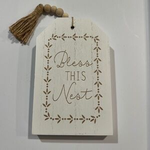 Bless This Nest Wooden Sign Distressed white Paint Rope Hanger Gold Print